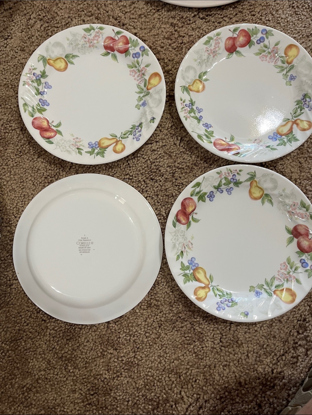 Corelle Fruit Pattern Dinner Plates with Red, Yellow, Blue, Green Accents
